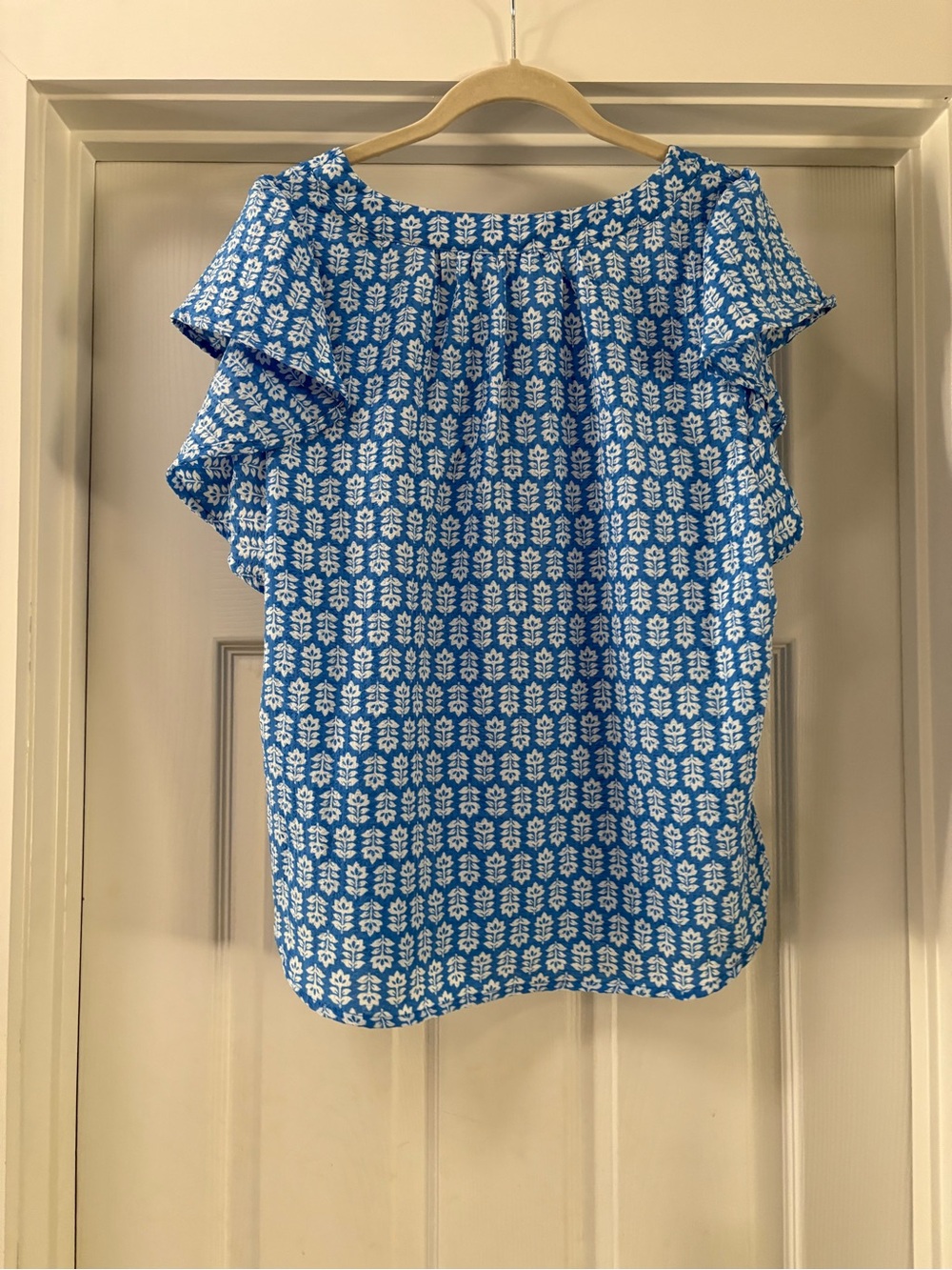 Draper James Blue & White Smocked Flutter-Sleeve Blouse - Picture 5 of 10